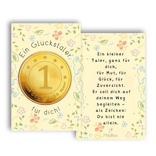 Milaboo® Glücksmünze mit Karte – Geschenk für Kinder & Erwachsene | Handgefertigter Goldtaler mit Spruch | Talisman zur Motivation, Mut & Zuversicht (1x Glücksmünze) von Milaboo
