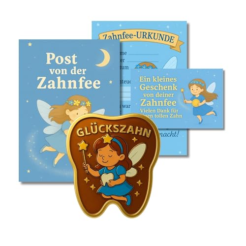 Milaboo® Zahnfee Geschenk Kinder – Zahnform Glücksmünze (3,5 cm) im Organzasäckchen mit Karte, Post von der Zahnfee, Urkunde & Umschlag – Geschenkset zum Zahnverlust (blau) von Milaboo