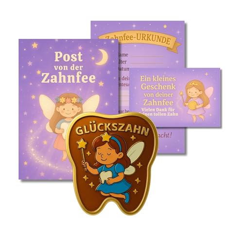 Milaboo® Zahnfee Geschenk Kinder – Zahnform Glücksmünze (3,5 cm) im Organzasäckchen mit Karte, Post von der Zahnfee, Urkunde & Umschlag – Geschenkset zum Zahnverlust (lila) von Milaboo