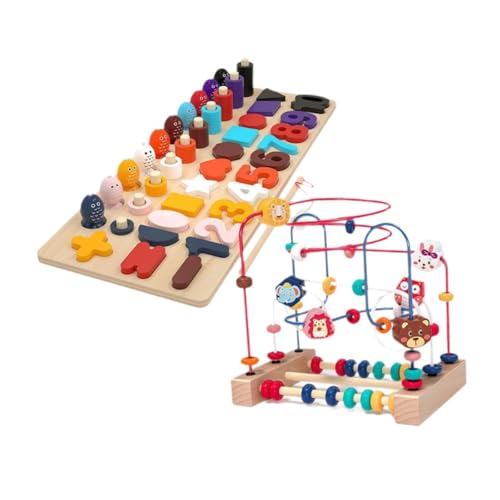 Milageto Holzperlen Spielzeugset Vorschule für Jungen Mädchen Handauge Koordination Holz Bildungskreis Bunte Achterbahnfahrt, Matching Board von Milageto
