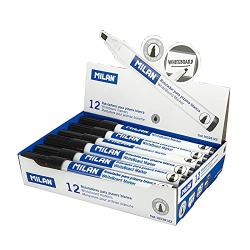 Milan 16528122 Whiteboard-Marker, trocken abwischbar, Keilspitze, Schwarz, 12 Stück von Milan