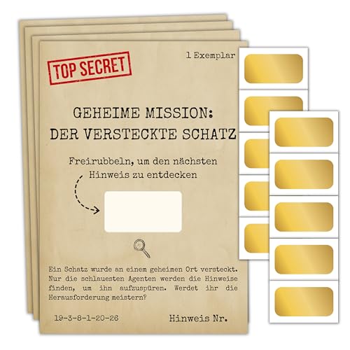 Rubbelkarten-Schatzsuche für Geburtstagsparty – Indoor-Outdoor-Schnitzeljagd-Ferienspiele für Kinder von 5–12 Jahren – Spionage/Geheime Mission –10 personalisierbare Karten + 10 Rubbelaufkleber von Milijou