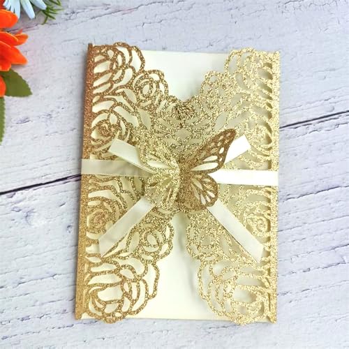 Lasergeschnittene Einladungskarten für Hochzeit, Verlobung, Urlaub, 25 Sets (Glitzer-Gold) von MillaSaw