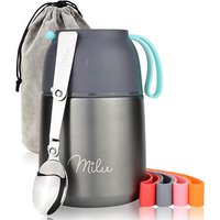 Milu Isolier-Speisebehälter grau 1 Thermobehälter mit Tasche, klappbarer Löffel, 5 farbige Trageschlaufen aus Gummi von Milu