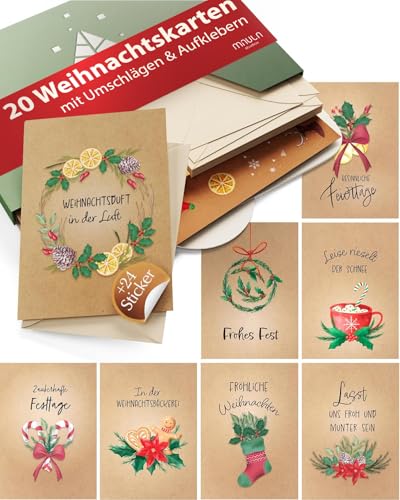 Weihnachtskarten mit Umschlag Set – 20 Klappkarten Weihnachten A6 – Weihnachtskarten Set mit Umschlag – Weihnachtskarte Grußkarten Klein – Weihnachtsgrußkarten Postkarten – Karten Kraftpapier von Milula Studios