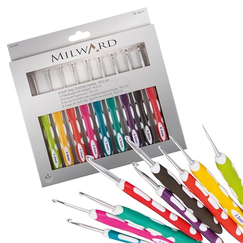 Milward Häkelnadel-Set – Ergonomische Griffe mit Softgriff, farblich gekennzeichnet, 2, 2,5, 3,5, 4, 4,5, 5,5 und 6 mm von Milward