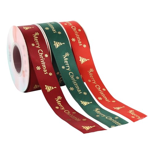 MilyaDE 3 Rollen 22m Schleifenband Weihnachten, 2,5cm Breite Geschenkband Satinband mit Weihnachtsmotiv für Geschenk Weihnachtsbaum Dekoration Weinrot/Grün/Rot von MilyaDE