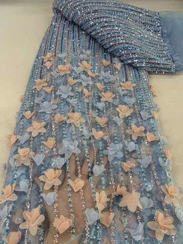Afrikanischer handgefertigter schwerer Pailletten-Tüll-Spitze, französische 3D-Blumen-Spitzenstoff für Brautkleid, Hochzeitskleid (4,5 m, Himmelblau) von Milylace