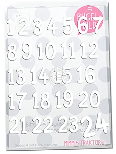 Bügelbild Adventkalender Zahlen 1-24 Flockfolie Aufbügler Applikationen Bügelsticker für Stoffe Textilien Kinder zum Aufbügeln Flicken, Farbe:weiss von Mimmis Traktor