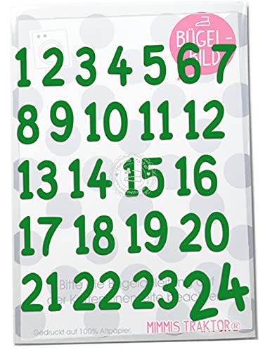 Bügelbild Adventkalender Zahlen 1-24 Flockfolie Aufbügler Applikationen Bügelsticker für Stoffe Textilien Kinder zum Aufbügeln Flicken, Farbe:grün von Mimmis Traktor