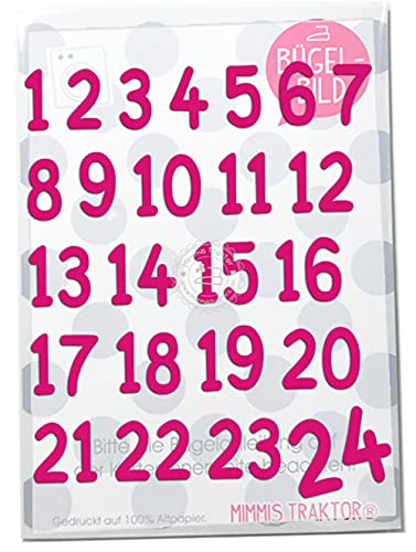 Bügelbild Adventkalender Zahlen Flockfolie Aufbügler Applikationen Bügelsticker für Stoffe Textilien Kinder zum Aufbügeln Flicken, Farbe:pink von Mimmis Traktor