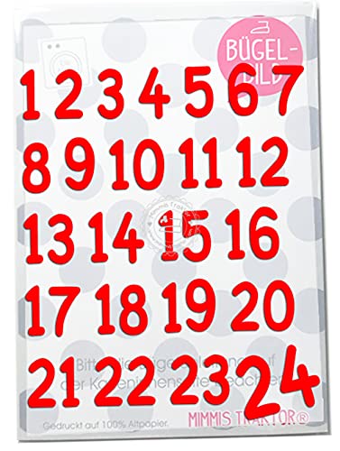 Bügelbild Adventkalender Zahlen 1-24 Flockfolie Aufbügler Applikationen Bügelsticker für Stoffe Textilien Kinder zum Aufbügeln Flicken, Farbe:rot von Mimmis Traktor