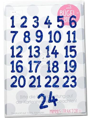 GLITZER Bügelbild Adventkalender Zahlen 1-24 Aufbügler Applikationen Bügelsticker für Stoffe Textilien Kinder zum Aufbügeln Flicken, Farbe:Glitzer blau von Mimmis Traktor