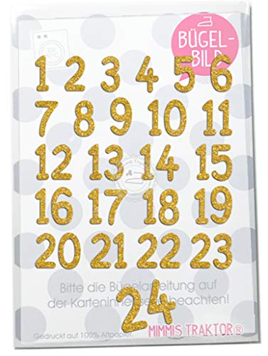 GLITZER Bügelbild Adventkalender Zahlen 1-24 Aufbügler Applikationen Bügelsticker für Stoffe Textilien Kinder zum Aufbügeln Flicken, Farbe:Glitzer gold von Mimmis Traktor