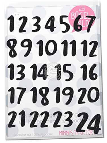 GLITZER Bügelbild Adventkalender Zahlen handwritten 1-24 Aufbügler Applikationen Bügelsticker für Stoffe Textilien Kinder zum Aufbügeln Flicken, Farbe:Glitzer schwarz von Mimmis Traktor