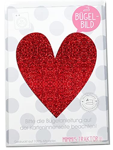 GLITZER Bügelbild Herz 9,5 cm x 10 cm Aufbügler Applikationen Bügelsticker für Stoffe Textilien Kinder zum Aufbügeln Flicken, Farbe:Glitzer rot von Mimmis Traktor