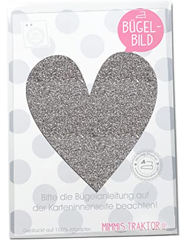 GLITZER Bügelbild Herz 9,5 cm x 10 cm Aufbügler Applikationen Bügelsticker für Stoffe Textilien Kinder zum Aufbügeln Flicken, Farbe:Glitzer silber von Mimmis Traktor