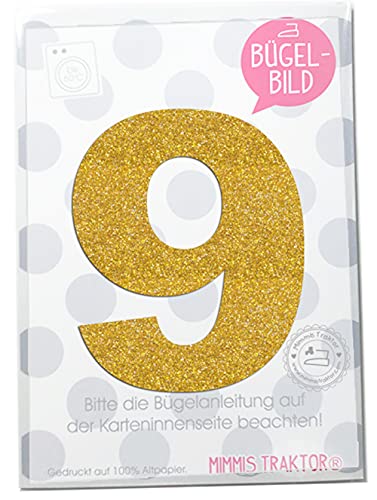 GLITZER Bügelbild Zahl Wunschzahl 10 cm Geburtstags Shirt 0 1 2 3 4 5 6 7 8 9 Aufbügler Applikationen Bügelsticker für Stoffe Textilien Kinder zum Aufbügeln Flicken, Farbe:Glitzer gold, Zahl:9 von Mimmis Traktor