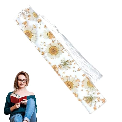 Mimoqk Lesezeichen für Frauen | Transparente Trockenblumen-Gänseblümchen-Epoxidharz-Lesezeichen mit Quaste - Schöne Geschenke für Bastelbuch-Liebhaber mit Blumenmuster zur Steigerung des von Mimoqk