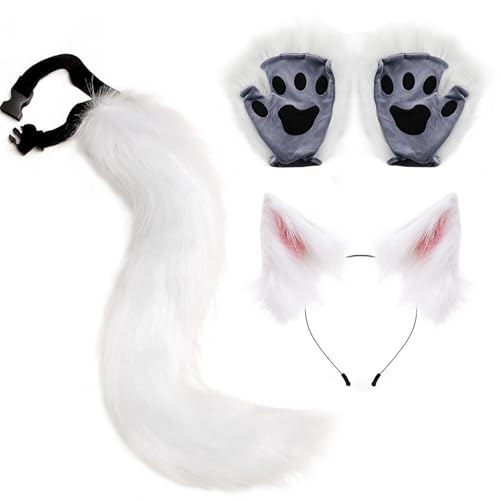 Mimoqk Set mit Ohren, Schwanz und Handschuhen, künstlicher Schwanz, Ohrclips und Handschuhen, Halloween-Cosplay-Outfit für Bühnenshow, Animation Mimoqk Set mit Ohren, Schwanz und Handschuhen, künstlicher Schwanz, Ohrclips und Handschuhen, Halloween-Cosplay-Outfit für Bühnenshow, Animation von Mimoqk