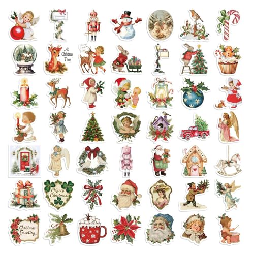 Mimoqk Vintage Christmas Stickers (50 Pack) - Wasserdichte PVC-Aufkleber in Rot, Grün, Weiß - Ideal für Scrapbooking, Wasserflaschen & mehr - Weihnachten & Cartoon-Motive von Mimoqk