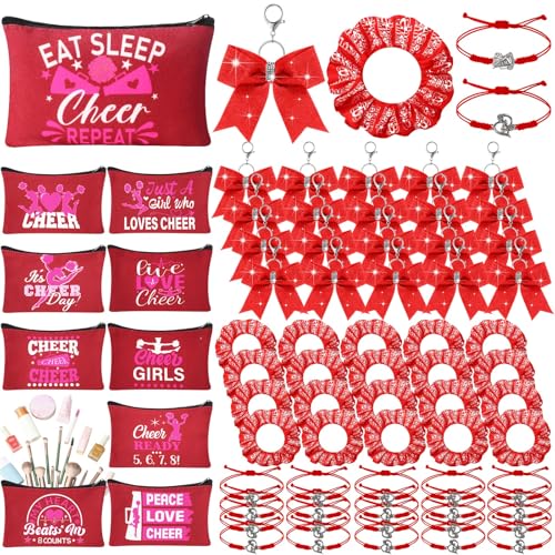 Mimorou Cheerleader-Geschenke für Team-Cheerleader-Geschenke, inklusive 20 Cheerleader-Armbänder, 20 Make-up-Taschen, 20 Schlüsselanhänger, 20 Haargummis für Cheerleading-Partygeschenke (rot) von Mimorou
