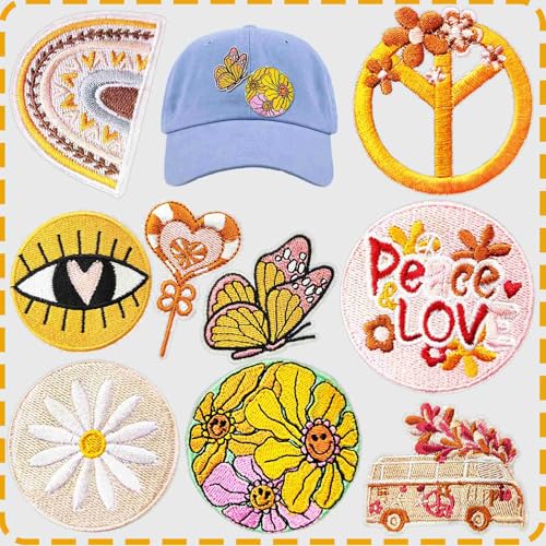 Aufnäher zum Aufbügeln, Motiv: Frieden, Gänseblümchen, Schmetterling, Regenbogen-Busauge, bestickt, für Kleidung, Jeans, Taschen, Hüte, Rucksäcke, 9 Stück Aufnäher zum Aufbügeln, Motiv: Frieden, Gänseblümchen, Schmetterling, Regenbogen-Busauge, bestickt, für Kleidung, Jeans, Taschen, Hüte, Rucksäcke, 9 Stück von Minason