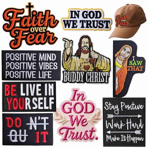 Aufnäher zum Aufbügeln, Motiv: Stay Positive, trendige Motivation, zum Aufbügeln, für Trucker-Hüte, Rucksäcke, Kleidung, mit Aufschrift "Don't Quit, in GOD We Trust, Faith Over Fear", 9 Stück Aufnäher zum Aufbügeln, Motiv: Stay Positive, trendige Motivation, zum Aufbügeln, für Trucker-Hüte, Rucksäcke, Kleidung, mit Aufschrift "Don't Quit, in GOD We Trust, Faith Over Fear", 9 Stück von Minason