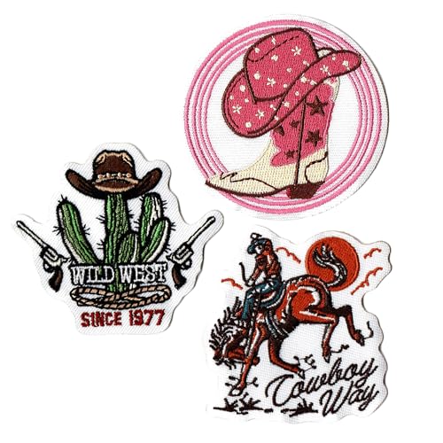 Aufnäher zum Aufbügeln, Motiv: Wilder Cowgirl, Kaktus, rosa Hut, Stiefel, Mädchen, Reiten, Pferd, bestickt, für Kleidung, Jeans, Taschen, Hüte, Rucksäcke, 3 Stück Aufnäher zum Aufbügeln, Motiv: Wilder Cowgirl, Kaktus, rosa Hut, Stiefel, Mädchen, Reiten, Pferd, bestickt, für Kleidung, Jeans, Taschen, Hüte, Rucksäcke, 3 Stück von Minason