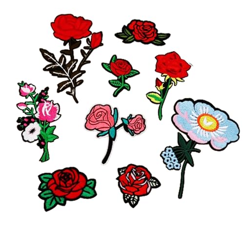 Aufnäher zum Aufbügeln für Damen: 9 rote Blumen und Rosen zum Aufnähen/Aufbügeln, Reparatur-Applikation, DIY-Zubehör für Mädchen, Kleidung, Jacken, Jeans, Rucksäcke von Minason