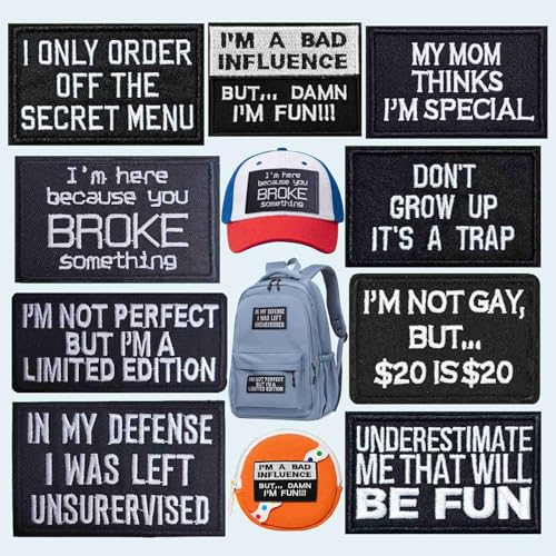 Humorvoller Aufnäher zum Aufbügeln für Jungen, trendiger lustiger Aufnäher zum Aufbügeln, für Trucker-Hüte, Rucksäcke, Kleidung – I'm Not Gay, Don't Grow Up, My Mom Thinks I'm Special, 9 Stück Humorvoller Aufnäher zum Aufbügeln für Jungen, trendiger lustiger Aufnäher zum Aufbügeln, für Trucker-Hüte, Rucksäcke, Kleidung – I'm Not Gay, Don't Grow Up, My Mom Thinks I'm Special, 9 Stück von Minason