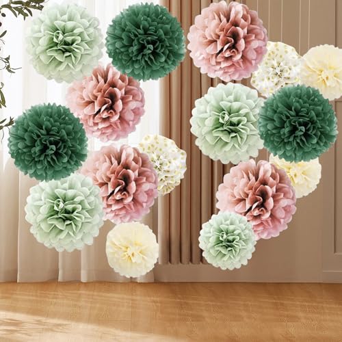 Bunt Seidenpapier Pompons, 16 Stück Partydekoration Pompons Set, Salbeigrün Rosa Olivgrün Beige Hängende Papier Pompoms für Hochzeit Deko Tischdeko Geburtstagsdeko Gartenparty Deko von Mincloss