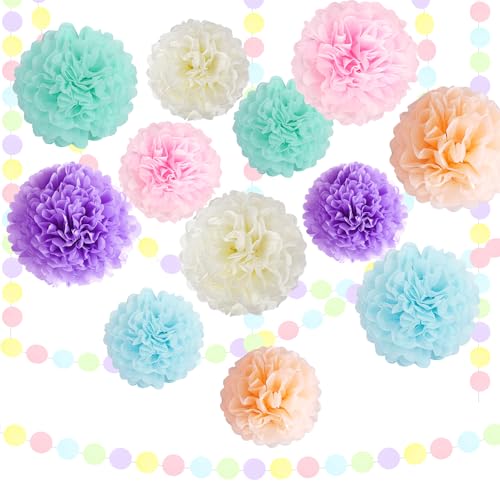 Bunt Seidenpapier Pompons, 16 Stück Partydekoration Pompons Set mit Dots , Blau Rosa Hängende Papier Pompoms für Hochzeit Deko Tischdeko Geburtstagsdeko Gartenparty Deko von Mincloss