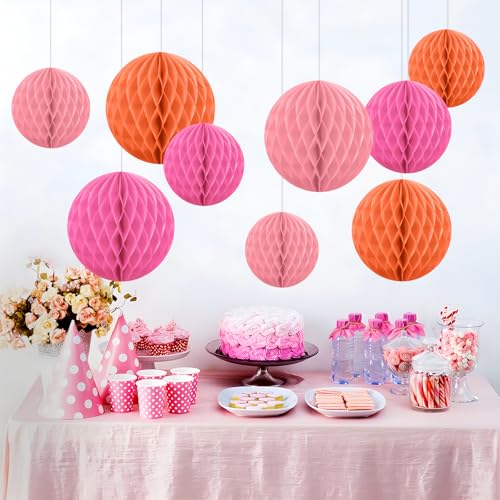 Seidenpapier Wabenbälle Deko, Hängende Seidenpapier Honeycomb Balls, Orange und Rosa Papier Wabenbälle für Geburtstag Deko Party Dekoration Hochzeit Graduierung Baby Shower (6inch&10inch,12 Stück) von Mincloss