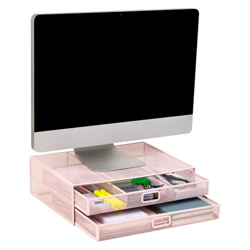 Mind Reader Monitorständer aus Netzstoff mit Aufbewahrungsschublade, belüfteter Laptop-Erhöhung und Schreibtisch-Organizer, Büro, Metallgitter, Rosa von Mind Reader