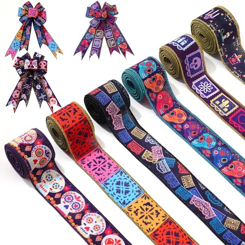 6 Rollen 30 Meter Tage der Toten Bänder 5,1 cm mexikanisches Band mit Drahtrand, Zuckerschädel, Papel, Picado-Skelett für Kranz, Schleifen, Basteln, Geschenkverpackung, Halloween, mexikanisches 6 Rollen 30 Meter Tage der Toten Bänder 5,1 cm mexikanisches Band mit Drahtrand, Zuckerschädel, Papel, Picado-Skelett für Kranz, Schleifen, Basteln, Geschenkverpackung, Halloween, mexikanisches von Mindsoft