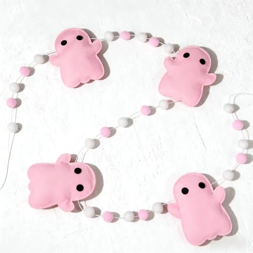 Mindsoft 2,1 m Halloween-Geisterbanner Filzkugel niedliche Geistergirlande für Halloween-Dekorationen, Kamin, Türen, Innen- und Außendekorationen (Rosa Weiß) von Mindsoft