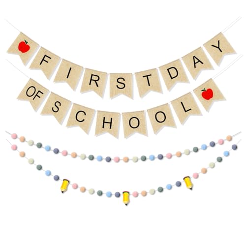Mindsoft 4-teiliges Banner, Dekorationsset, Filz-Bleistift-Ball-Girlande, bunte Pompon-Girlande, Wimpelkette, Schulanfang, Jute-Banner, Flagge für Lehrer, Klassenzimmer, Partyzubehör (Morandi) von Mindsoft
