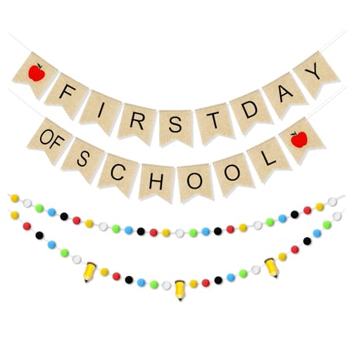 Mindsoft 4-teiliges Banner, Dekorationsset, Filz-Bleistift-Ball-Girlande, bunte Pompon-Girlande, Wimpelkette, Schulanfang, Jute-Banner, Flagge für Lehrer, Klassenzimmer, Partyzubehör (Regenbogen) von Mindsoft