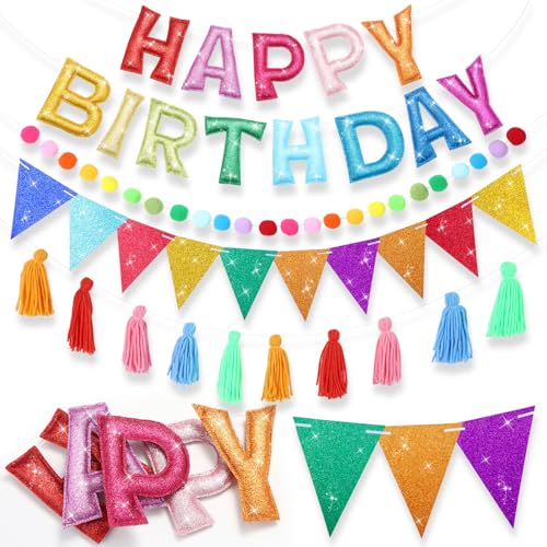 Mindsoft 5 Stück vorbespannte Happy Birthday-Banner, glitzernde Happy Birthday-Girlande, Filzkugel-Girlande, Wimpelbanner, bunte Fadenquaste, personalisierte Party-Dekorationen (Regenbogen) von Mindsoft