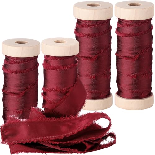 Mindsoft Ausgefranstes Chiffonband zum Basteln, Seidensatinbänder, 1,27 cm x 20 m, handgefertigte Nahtbindung, Stoffstreifen mit Holzspule für Hochzeitsgeschenkverpackungen (Burgunderrot) von Mindsoft