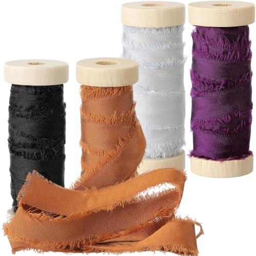 Mindsoft Ausgefranstes Chiffonband zum Basteln, Seidensatinbänder, 1,27 cm x 20 m, handgefertigte Nahtbindung, Stoffstreifen mit Holzspule für Hochzeitsgeschenkverpackungen (Schwarz / Lila) von Mindsoft