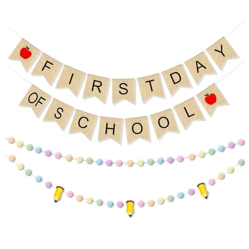 Mindsoft Banner für den ersten Schultag, Filz, Bleistiftball, Girlande, bunte Pompon-Girlande, Wimpelkette, Schulanfang, Jute-Banner, Flagge für Lehrer, Klassenzimmer, Partyzubehör (Macaron), 4 Stück von Mindsoft
