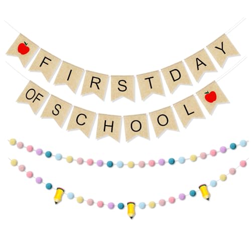 Mindsoft Banner für den ersten Schultag, Filz, Bleistiftball, Girlande, bunte Pompon-Girlande, Wimpelkette, Schulanfang, Jute-Banner, Flagge für Lehrer, Klassenzimmer, Partyzubehör (Rosa, Violett), 4 von Mindsoft