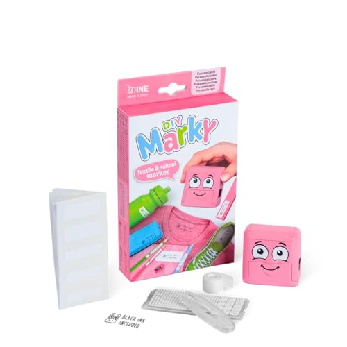 DIY MARKY - Anpassbarer Stempel für Kinder | Für Kleidung und Kinderartikel | Enthält Tinte für bis zu 1000 Drucke | Komplettes Set mit Etiketten und Thermo-Klebeband | (Rosa) von Mine Stamp