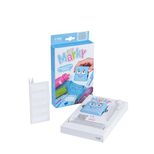 DIY MARKY - Anpassbarer Stempel für Kinder | Für Kleidung und Kinderartikel | Inklusive Tinte für bis zu 1000 Abdrücke | Komplettset mit Etiketten und Thermo-Klebeband | (Blau) von Mine Stamp
