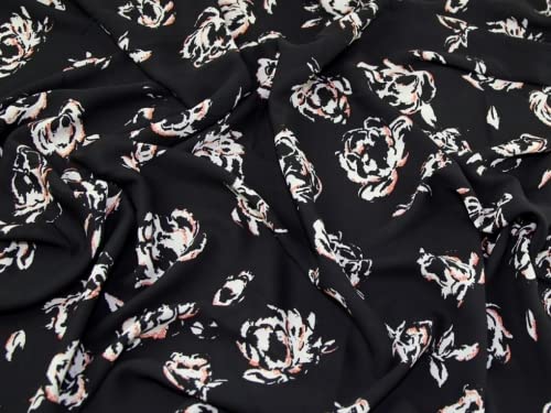 Floral Print Polyester Georgette Kleid Stoff schwarz, creme &, orange, Meterware von Minerva Crafts