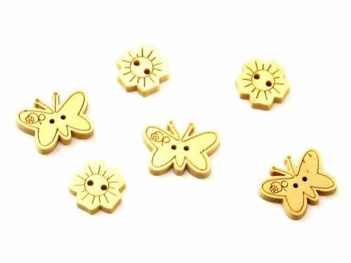 Blumen & Schmetterlinge geschnitzt Knöpfe aus Holz natur – Pro 6 Stück + Gratis Minerva Crafts Craft Guide von Minerva Crafts