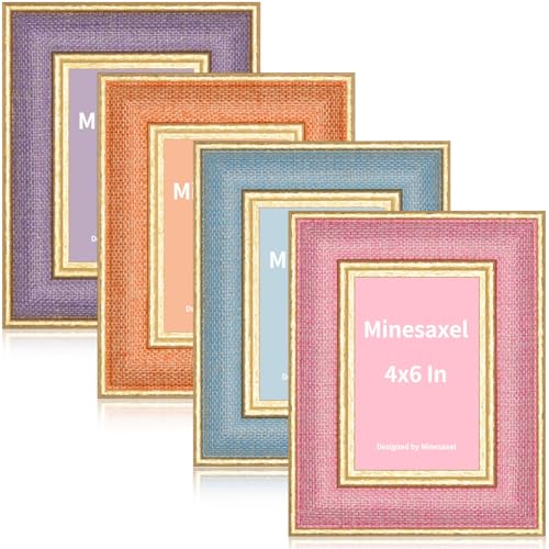 Minesaxel Farbenfroher süßer Bilderrahmen, HD-Echtglas, einzigartig, lustiger oder Vintage-Fotorahmen, 10,2 x 15,2 cm, goldfarbener Rand mit Staffelei für Tischplatte und Wand, 4 Stück von Minesaxel