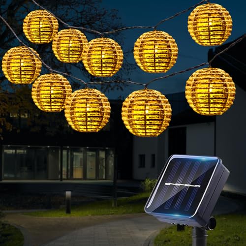 Mineup 10 Stück Solar Lampions Außen Wetterfest, 3.6 M Solar Lichterkette Aussen, Solar Rattanball, IP44 Wasserdicht Lichterkette Außen Solar, Lichterkette Solar Außen Wetterfest für Aussen/Innen von Mineup